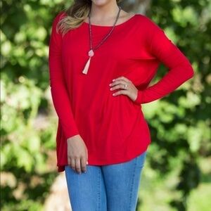 Piko Round Neck Red Long Sleeve Top